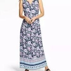 Talbots Size 12 Sleeveless Long Maxi Dress Navy Pink Boho Paisley Floral Summer